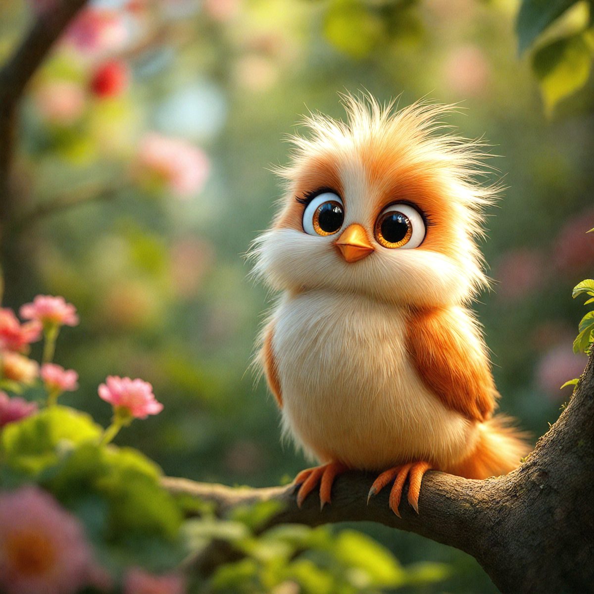 The primary subject of the image is a small, cute, and fluffy bird perched on a tree branch. The bird appears to be a cartoon or digital illustration, giving it a whimsical and playful appearance. The setting is a lush, flower-filled forest, with the bird surrounded by a variety of flowers. The visual style is a combination of photo and digital art, creating a vibrant and engaging scene. The colors and mood of the image are predominantly warm and cheerful, with the bird and flowers adding a sense of joy and innocence to the scene.